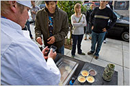 mom_pop_twitter Curtis Kimball, owner of a crème brûlée cart in San Francisco, uses Twitter to drive his customers to his changing location. PHOTO BY Peter DaSilva for The New York Times